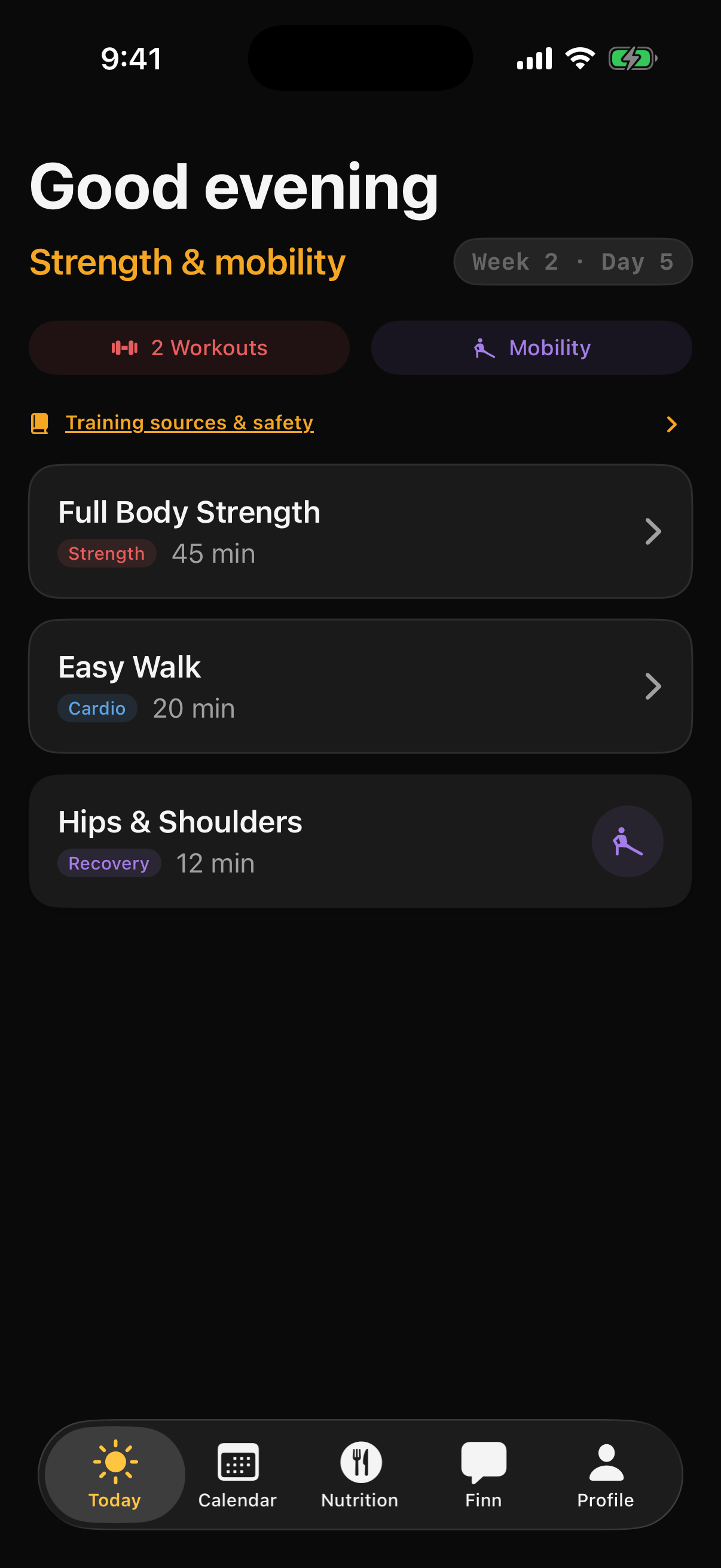 Finn-App: Tagesübersicht mit Training und Mobilität. Englische Beispielansicht.